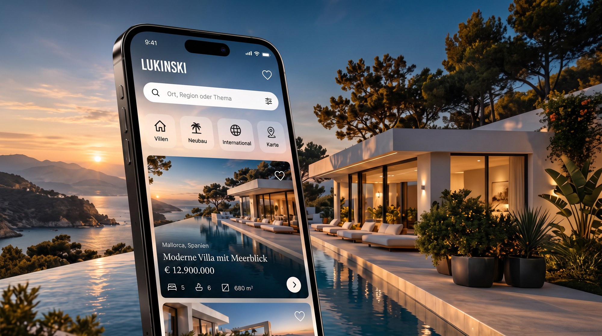 Lukinski app on an iPhone showing a luxury villa in Mallorca, search bar and map view