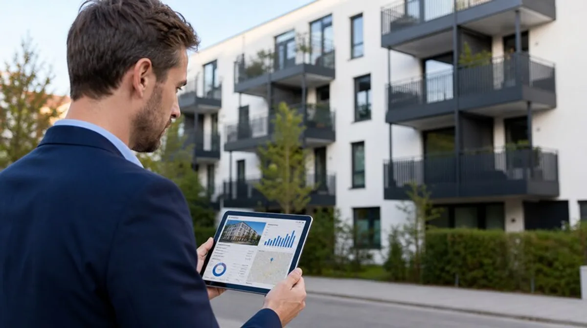 Kapitalanleger prueft Mehrfamilienhaus mit Immobilien-KI auf Tablet Kapitalanleger prueft Mehrfamilienhaus-Investment mit Tablet-Analyse vor Wohngebaeude